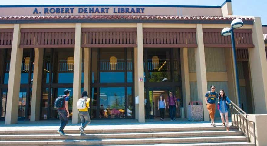 Students on library steps