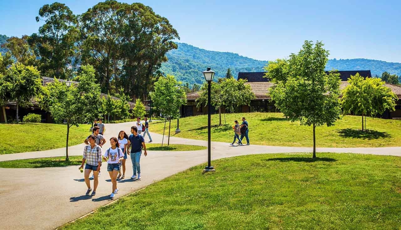 beautiful mountains behind a green wooded campus